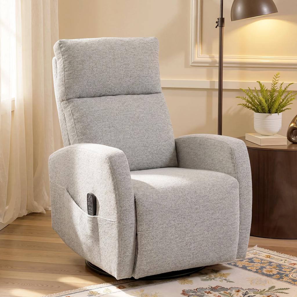 Reclining Massage and Heating Chair, Chenille, 360 Swivel, Cream