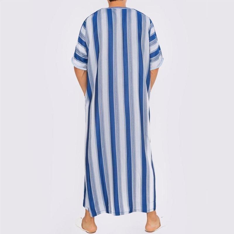 Men Middle East Jubba Thobe Saudi Arabic Striped Robe Islamic Muslim Clothing