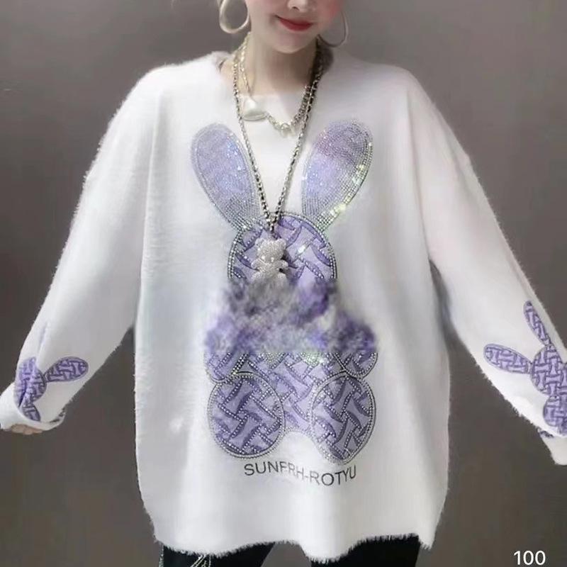 European-Style Faux Mink Hooded Rabbit Sweater for Women - Fashion-Forward, Long-Sleeved, Autumn/Winter, Soft and Comfortable with Stylish Print.