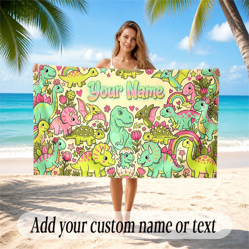 Dinosaur Theme Quick Dry Beach Towel Custom Name Text Print Large Sand Resistant Towel Beach Vacation