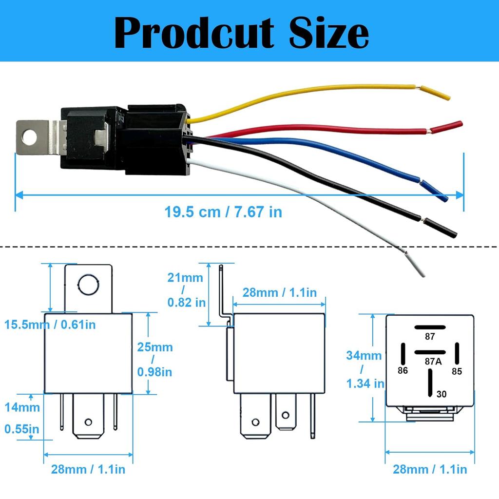 5er-Pack 5-Pin 12V Relais mit Kabelbaum, 40A 12-Volt-Relais Kfz-Relais mit Sockel und Kabelbaum, SPDT-Relaisschalter für Auto LKW
