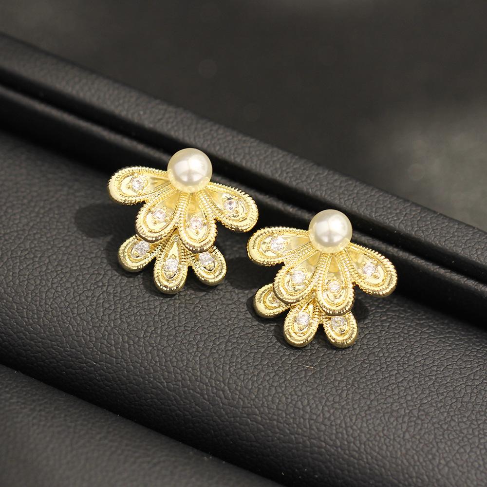 New Chinese lace half fan butterfly double pearl flower stud earrings femininity exquisite high-end earrings earrings