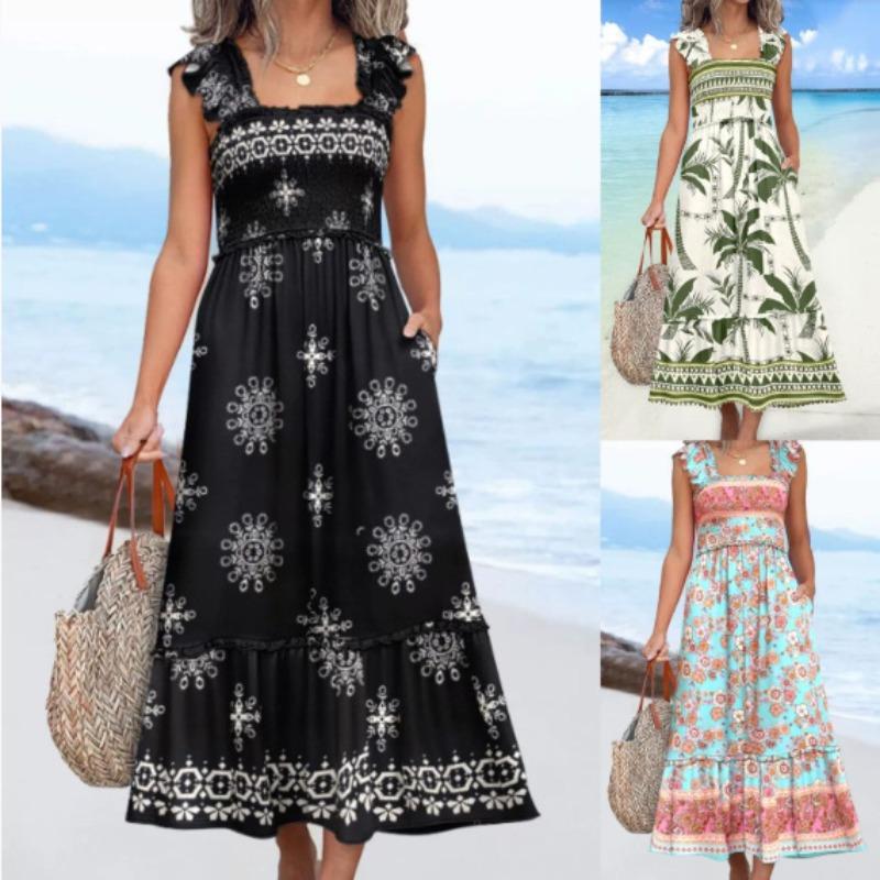 Sommer neues bedrucktes Neckholderkleid und Strandlanges Kleid