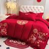 Red Embroidered Dragon and Phoenix Wedding Bedding Set - 100% Cotton
