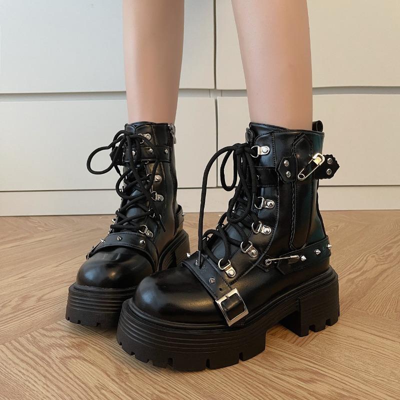 Fashion 2025 New Women's Rivet Chain Design Short Boots Gothic Shoes Street Fashion Lady Rock Boots Metal Decor Punk Style Women Shoes