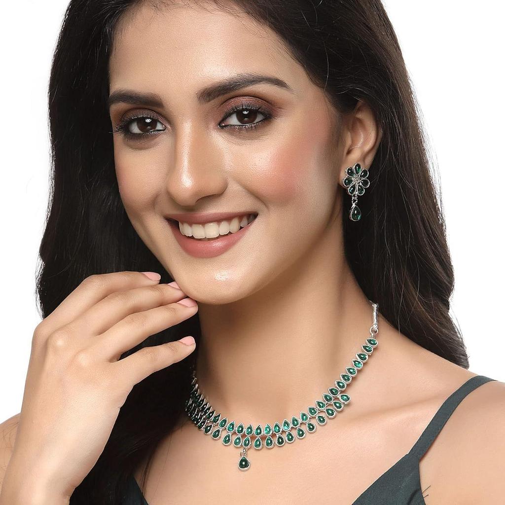 Oxidised  Pear Shaped American Diamond Studded Necklace Earrings Jewellery Set for Girls and Women