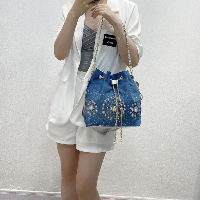 Bags Women'S Bags Bucket Bags One Shoulder Crossbody Woven Bags Rhinestone Chain Bags Denim Bags