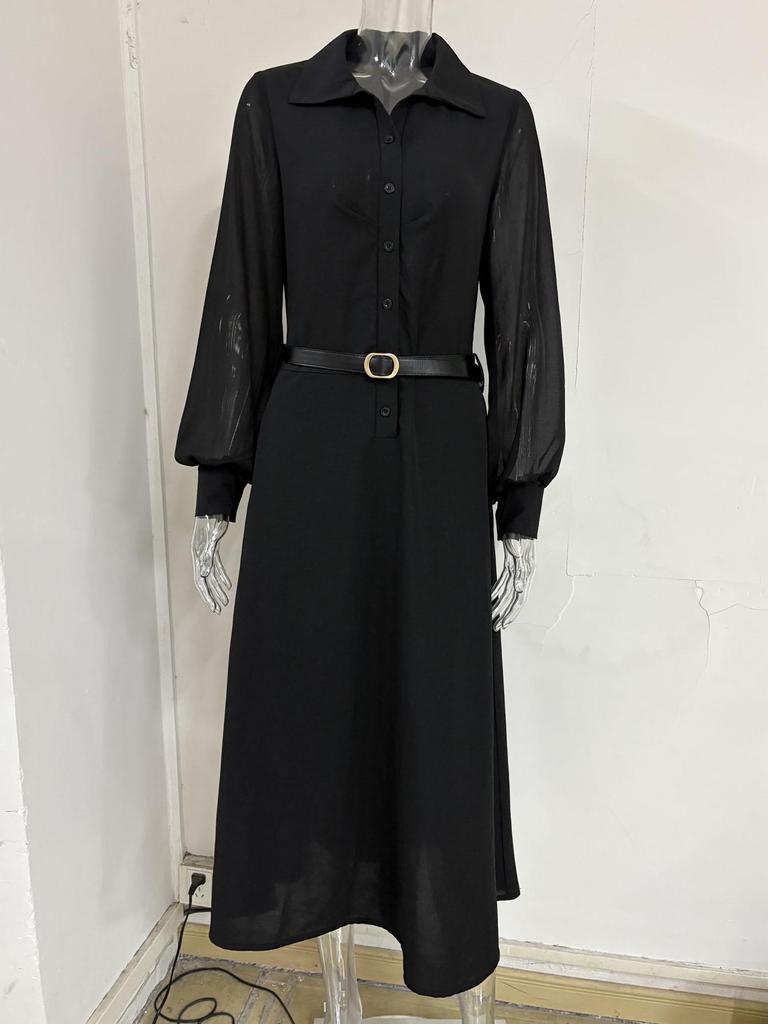 French Elegant Black Mesh Long Sleeve Waist-Cinching Slim Dress for Women