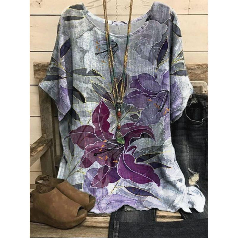 Printed round Neck Neck Casual Loose Top Print round Neck Top Women