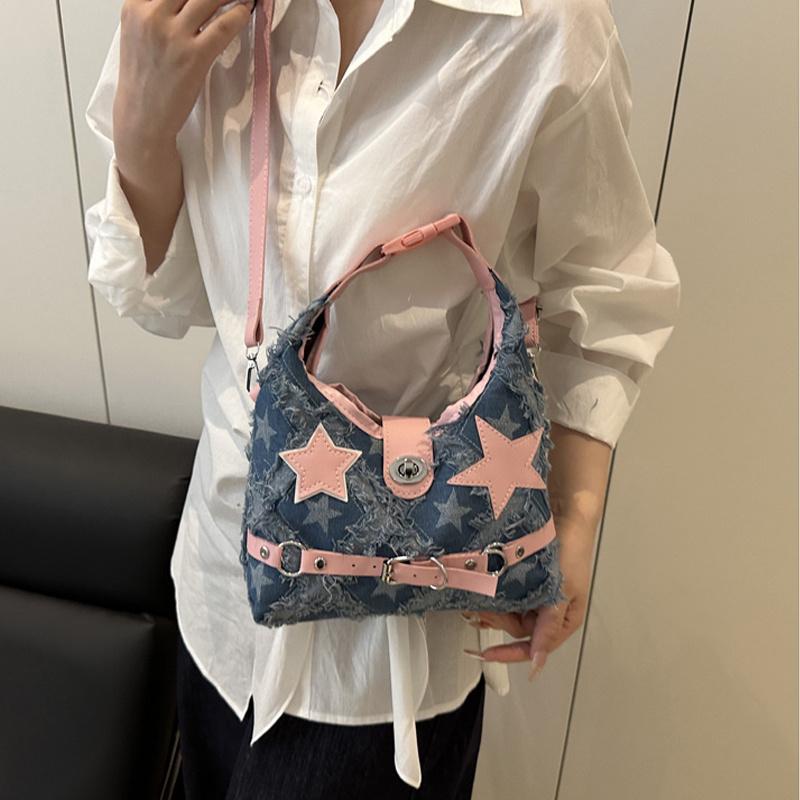 Pink Star Purse and Handbags Aesthetic Plaid Denim Shoulder Bag Punk Leisure Outdoor Crossbody Bag For Women