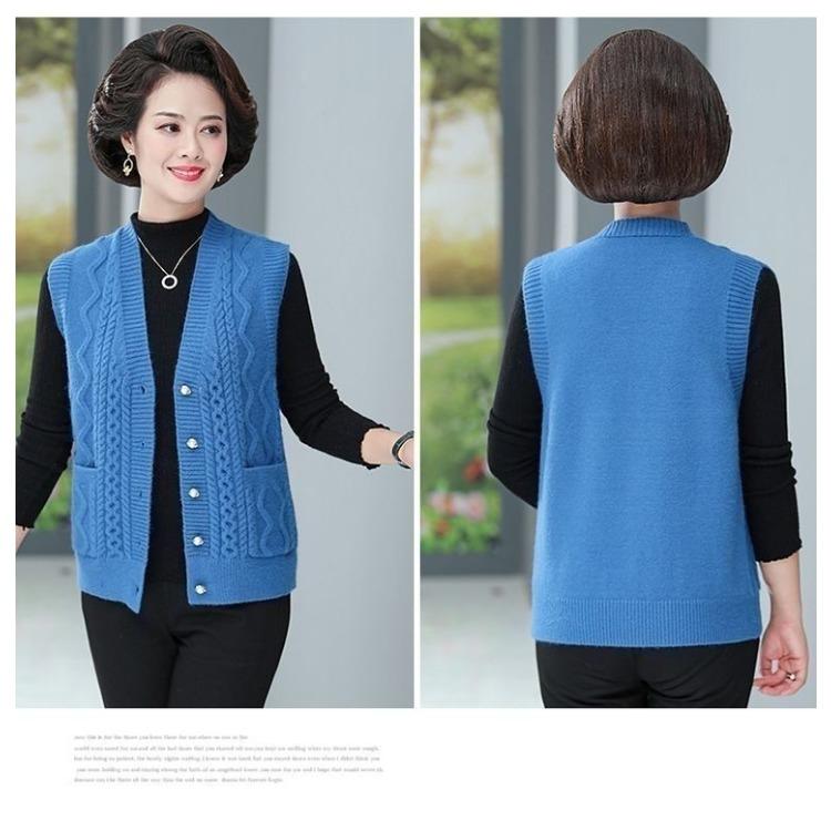 Mom Knitted Vest for Spring and Autumn V-neck Knitted Cardigan Vest for Middle-aged and Elderly Solid Color Vest