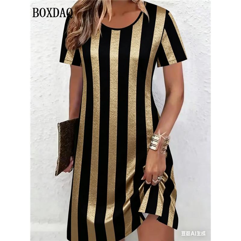 Summer Dresses Women Fashion Striped 3D Print Short Sleeve Dress Casual Elegant Women's Loose Pullover A-Line Dress Vestido
