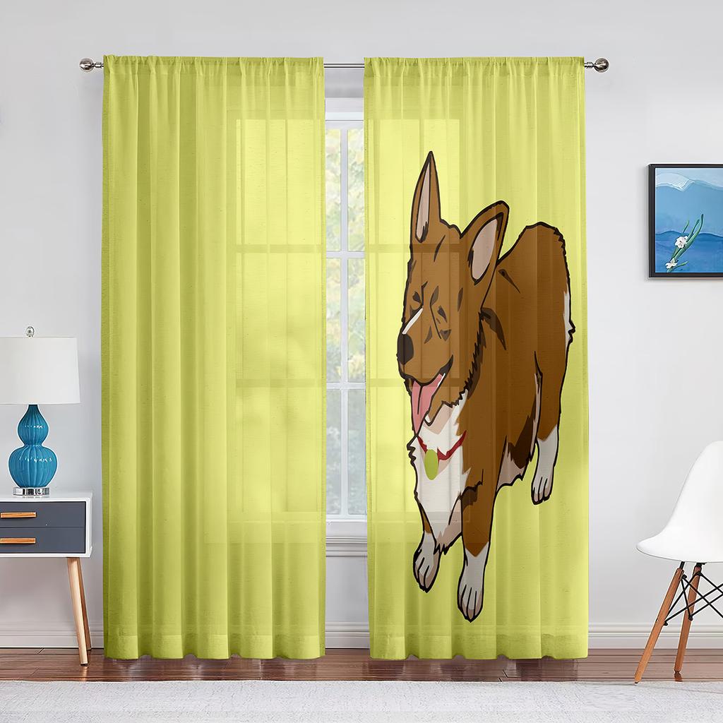 Corgi In The Flower Field Puppy Dog Sheer Curtains Window Treatment for Kitchen Living Room Bedroom Decor Modern Tulle Curtains