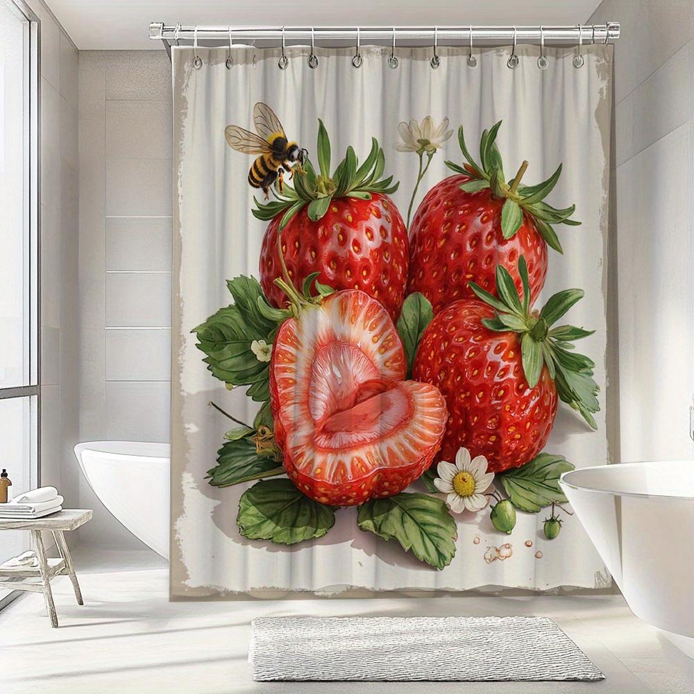 

3D Strawberry & Bee Shower Curtain - Waterproof, Mildew-Resistant with Fresh Fruit Design for Fun and Vibrant Bathroom Decor W90XH180cm