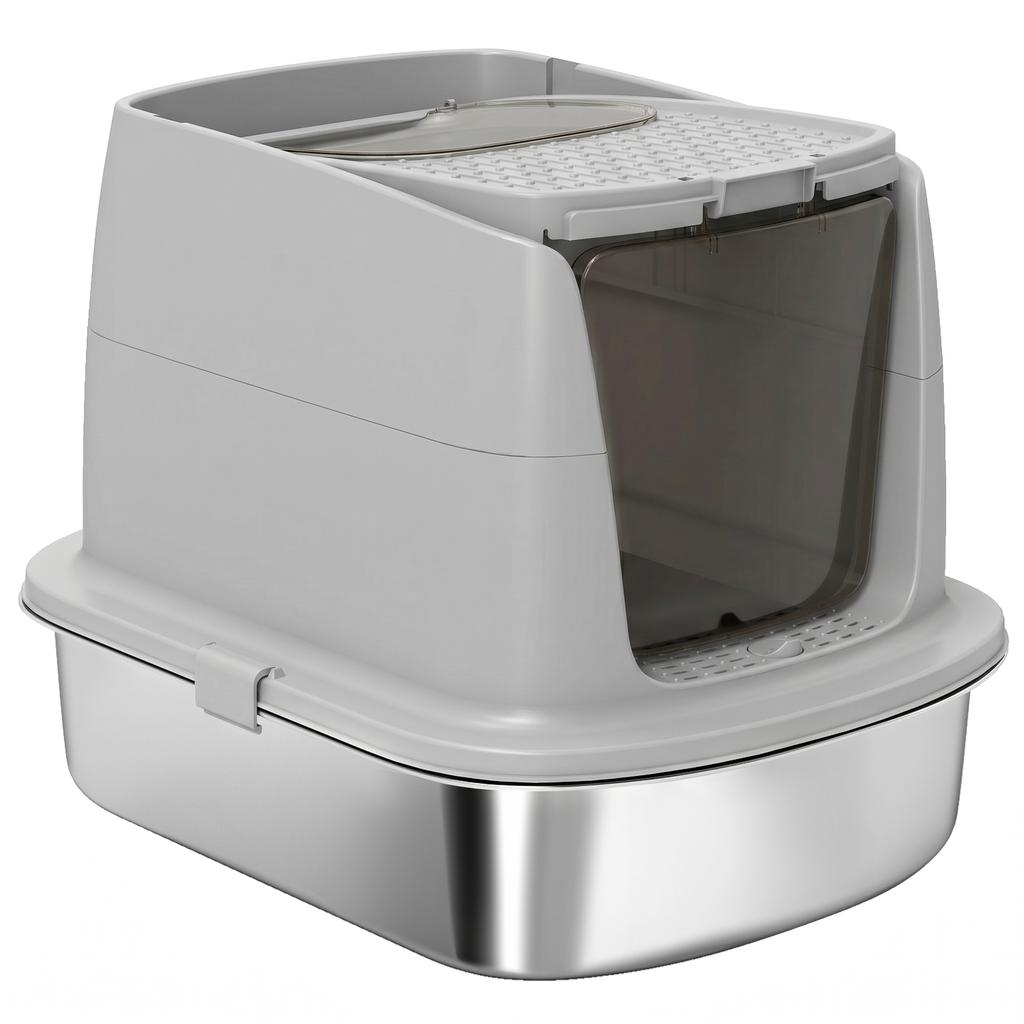 Large Stainless Steel Cat Litter Box, Hinged Lid, Metal Scoop, Deodorizing Bag, Light Gray
