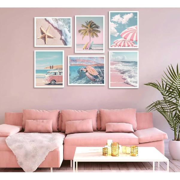 6Pcs Summer Beachy Wall Art Fresh Pink Tropical Ocean Art Print Beach Chairs Starfish Surfboard Palm Tree Wall Decor Retro Coastal Canvas Picture Bus