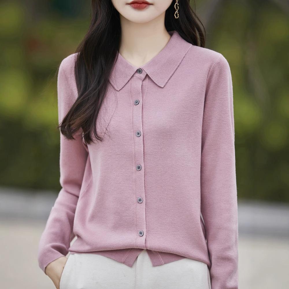 Women's Spring 2025 Lapel Cardigan Sweater - Knitwear Shirt Collar Base Layer or Outerwear Top