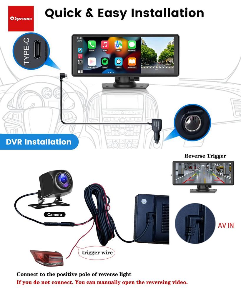 Epronic 4-pins backkamera för spegel-dashcam och Car Play-skärm, Kompatibel