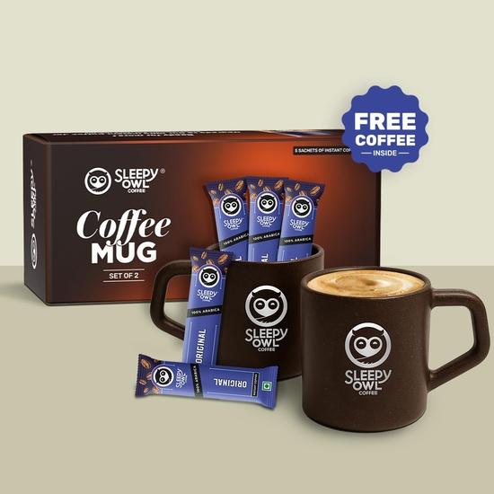 Hrnek na kávu Sleepy Owl Sada 2 kusů (200 ml) s 5 sáčky kávy zdarma | Ekologický a udržitelný hrnek | Vhodný do mikrovlnné trouby | 100% káva Arabica s hrnkem