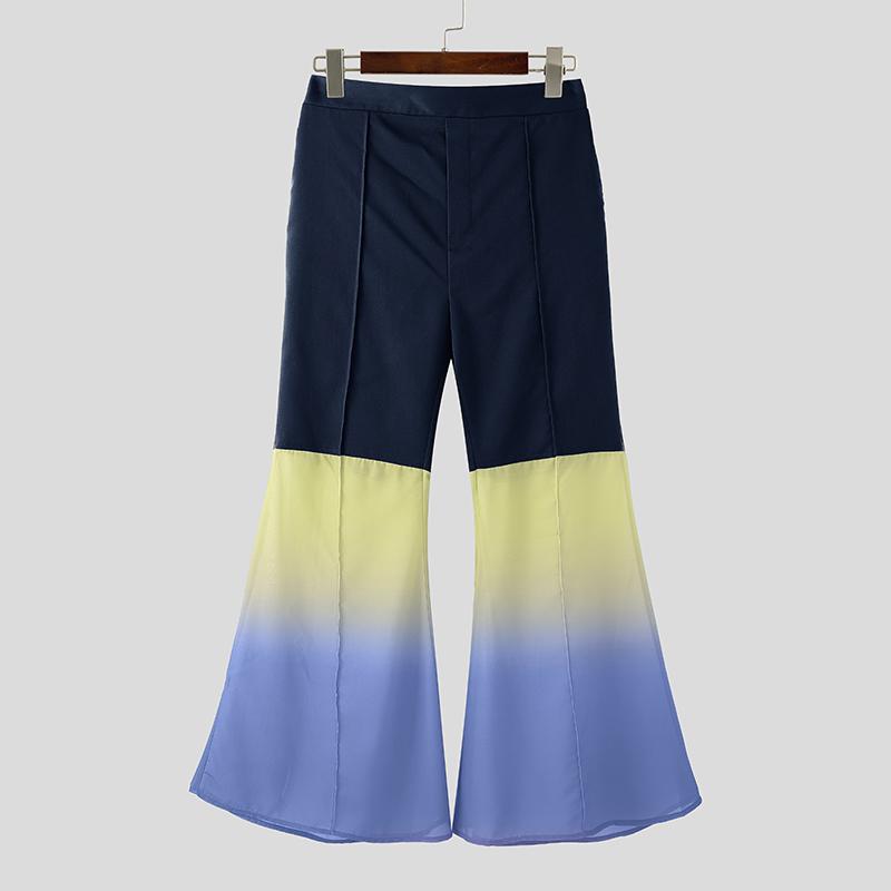 INCERUN Men Casual High Waist Sheer Gradient Patchwork Long Flare Pants Trousers
