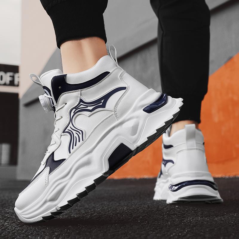 Leather High Top Sports Shoes Men's Autumn Winter New Style Student Color Block Trend Thick Bottom Heightening Dad Casual Shoes