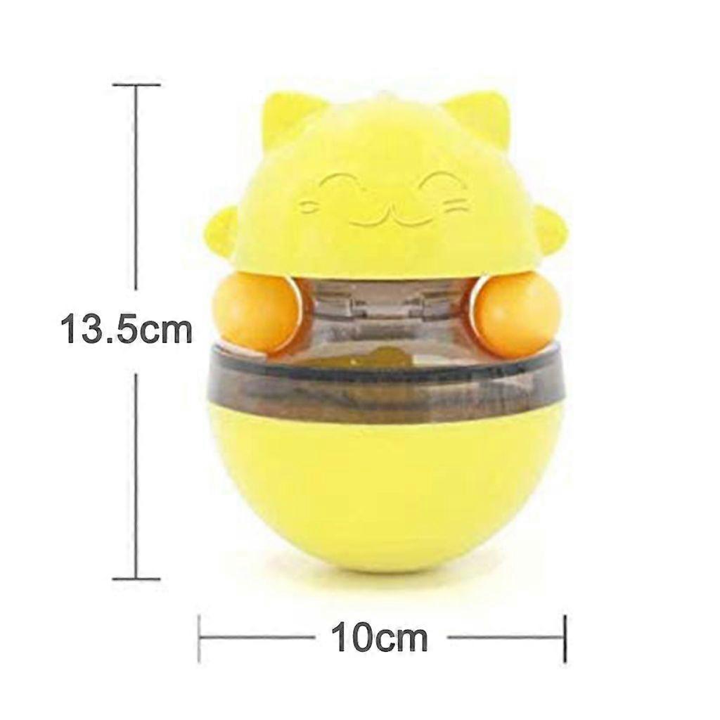 Cat Slow Treat Toy - Fun Tumbler Style Interactive Treat Toy with Two Rolling Balls and Removable Wand (Yellow)