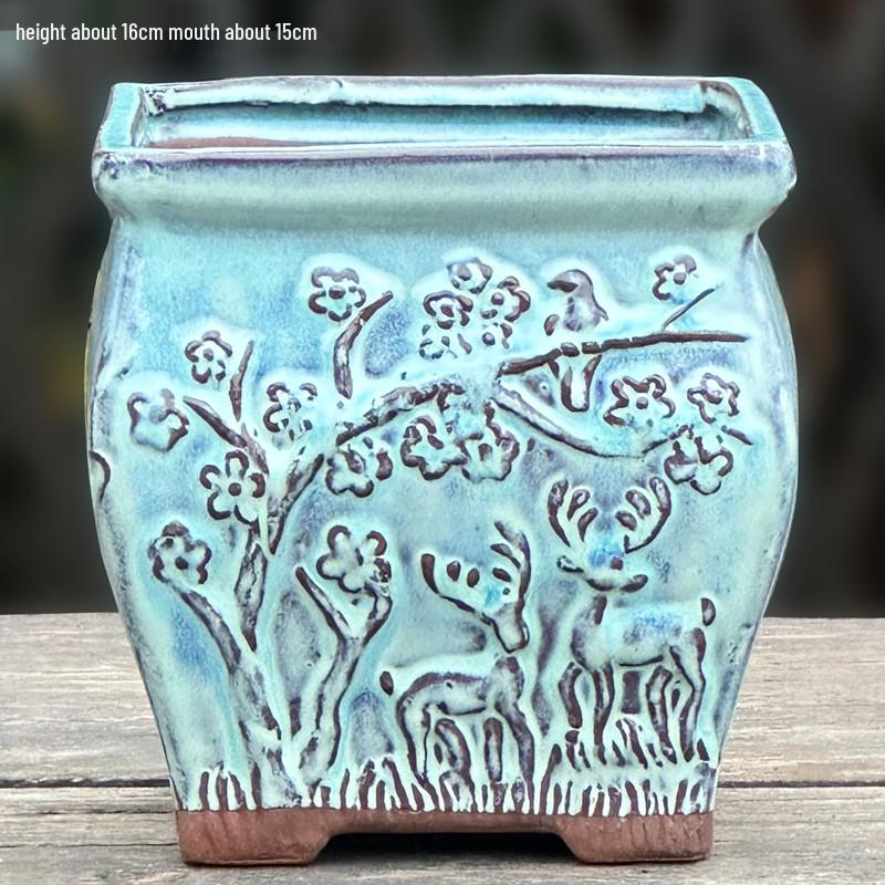 Creative Handmade Coarse Pottery Terracotta Pot - Large Square Glossy Glazed Planter with Low Breathable Rim for Succulents and Pothos