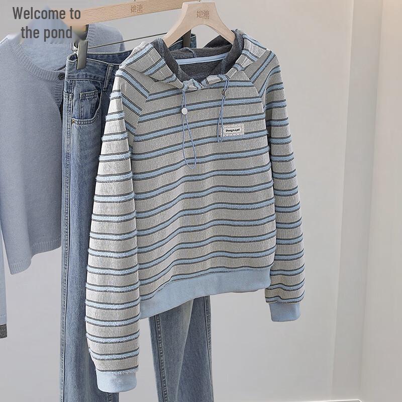 

Women s Drawstring Hooded Striped Sweatshirt L
