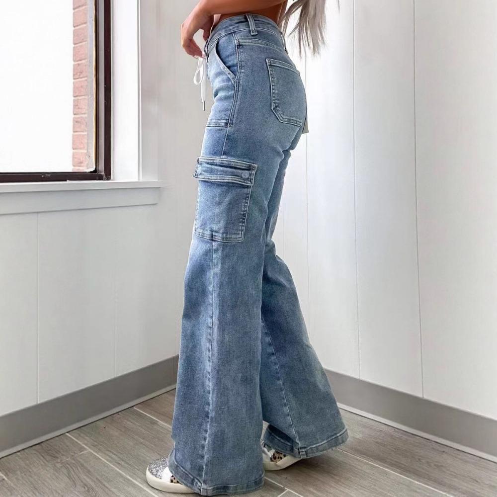 Women's High Waist Drawstring Side Pocket Cargo Wide Leg Denim Pants Fall Casual Stretch Jeans