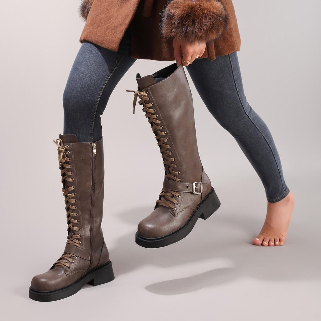 Kozaki do kolan na grubej podeszwie Damskie kozaki rycerskie na wysokim grubym obcasie z okrągłym noskiem Sznurowane casualowe kozaki lokomotywowe do kolan