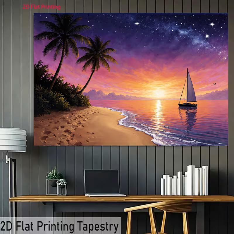 2D Vacation Themed Backdrop, Starry Ocean Sunset with Palm Trees & Sailboat Banner