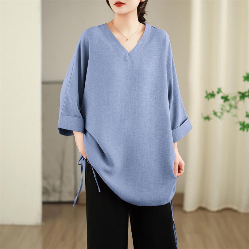 

Spring/Summer Artistic V-neck Slimming Mid-length Drawstring Loose T-shirt for Women Large Free Size чёрный