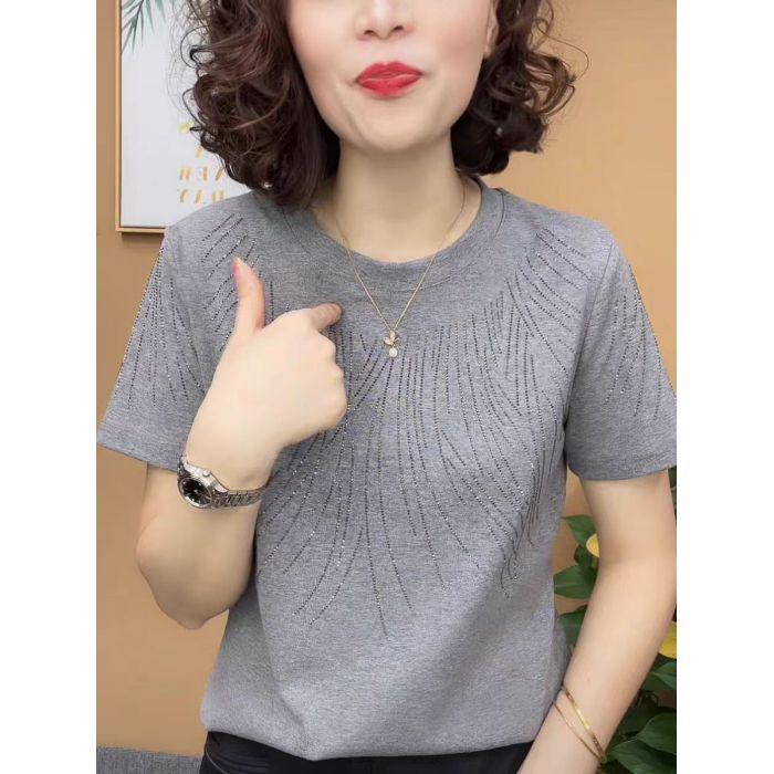 2025 Dámské letní tričko s kamínky: Lichotivý, Volný střih, Krátký rukáv plus size pro ženy středního věku