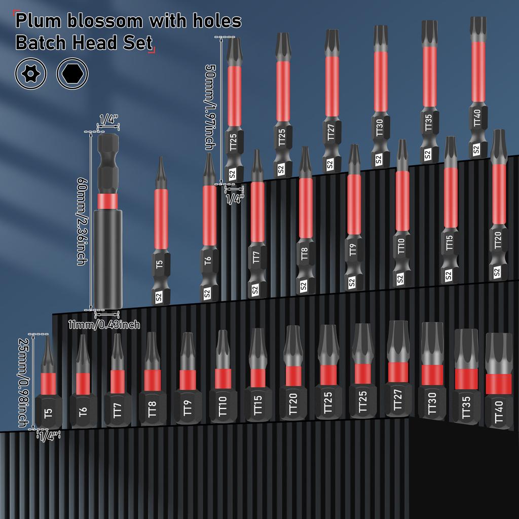 29Pcs Tamper Proof Torx Bit Set S2 Alloy Steel 1/4 Inch Hex Shank Impact Star Bit Set with Magnetic Tip for Impact Driver Bits