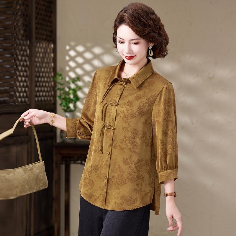 

Elegant National Style Spring/Autumn Shirt for Middle-Aged and Elderly Women - Lightweight and Stylish 4XL (130-145 jin) жёлтый/имбирный