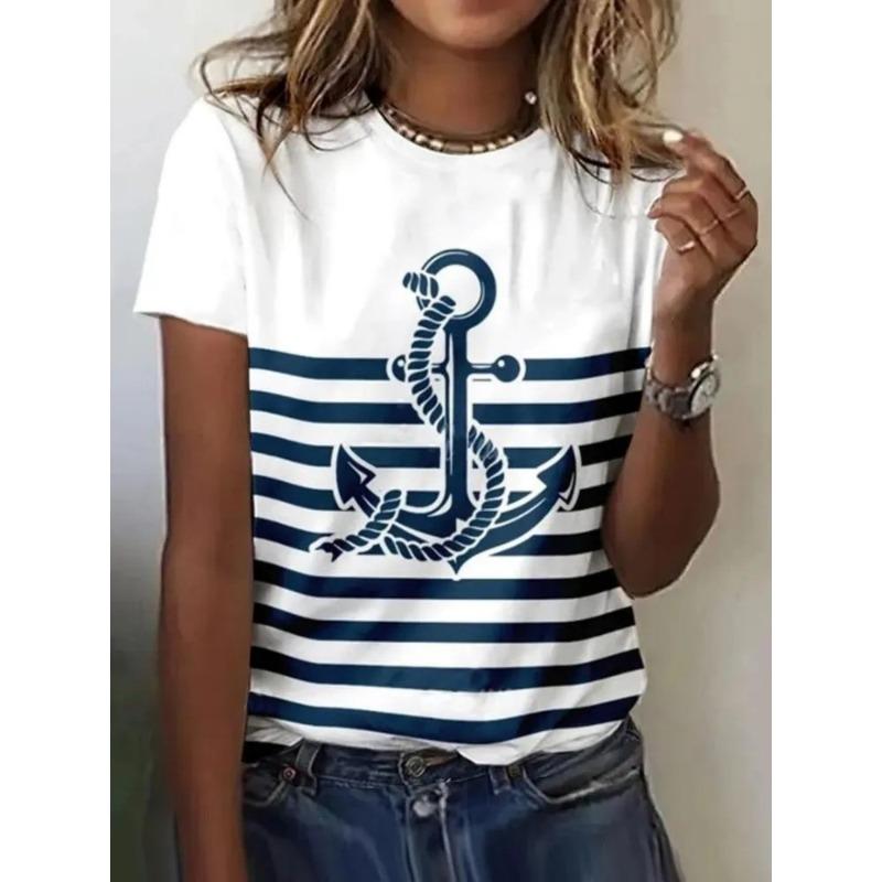 Women's 3D Printed T-Shirt Colorful Striped Boat Anchor Pattern Print Short Sleeve O-Neck Pullover Casual Top