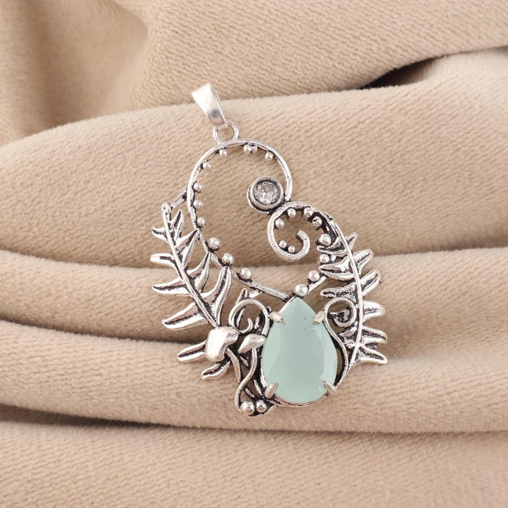 Aqua Chalcedony Gemstone 925 Sterling Silver Handcrafted Unique Pendant 1.8" CP-42-18