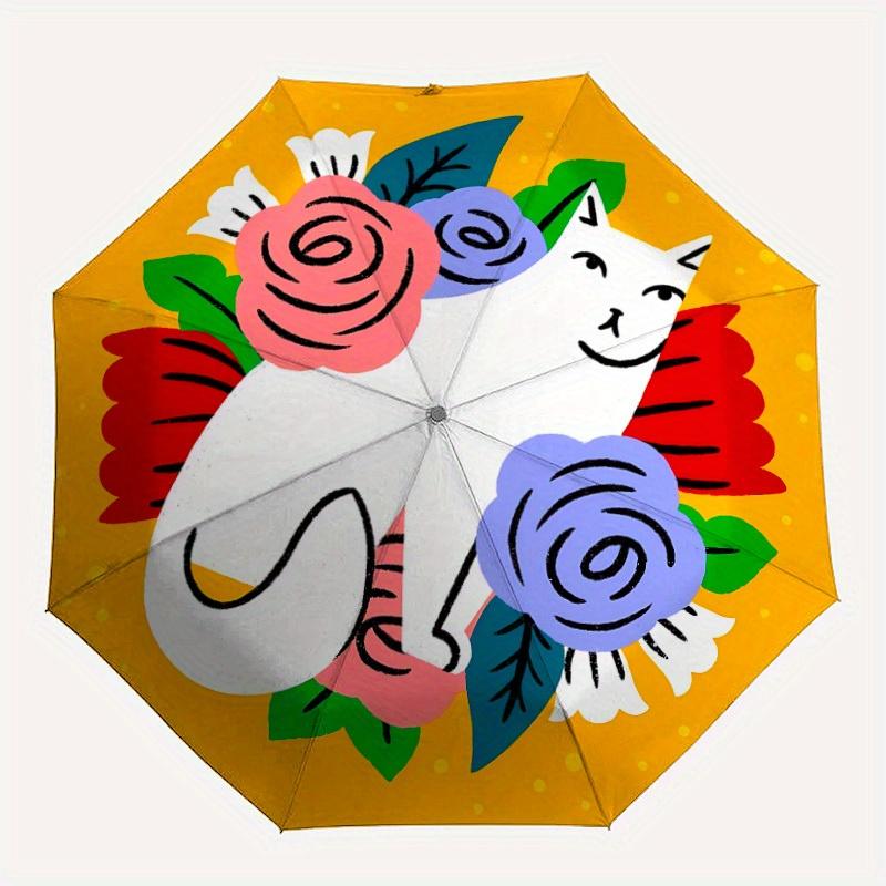 1pc Floral Cat Print Automatic Open/close Folding Umbrella, Compact Portable Travel Umbrella, Perfect Birthday/Christmas, Cute Umbrella, Dur