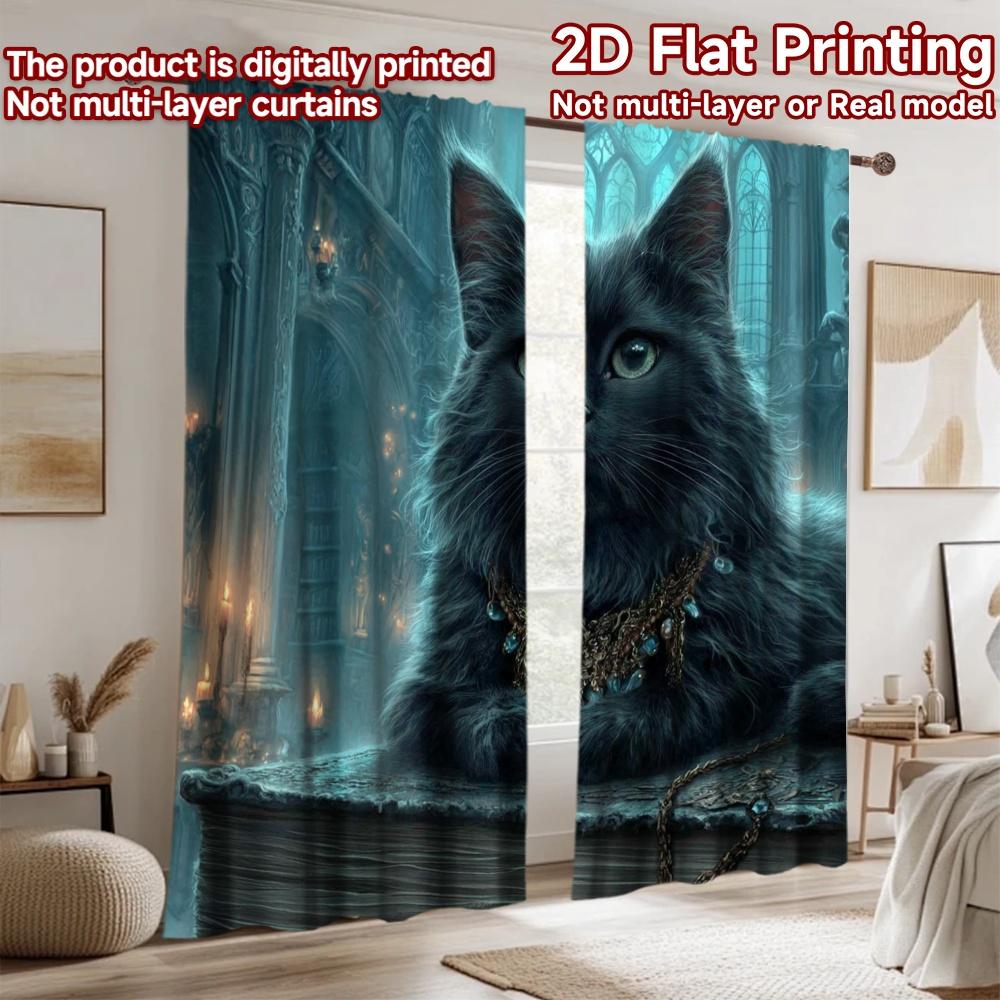 2D flat printing 2pcs Scene Curtains Black Cat Green Eyes Mystical Digital Printed Polyester Drapes Holiday Decorations Use for