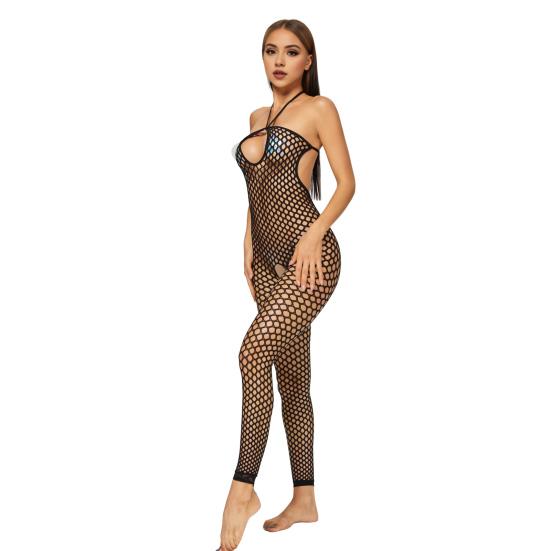 Women Jumpsuit Halter Neck Hollow Out Fishnet Backless Sleeveless Slim Fit Nightwear Open Crotch See-through Seductive Bodysuit for Bedroom Honeymoon