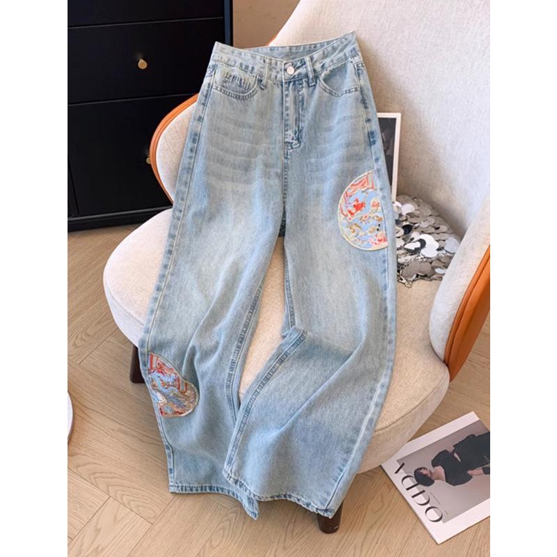 

Women s 2024 High-Waisted Embroidered Wide-Leg Jeans - National & Chinese Style M