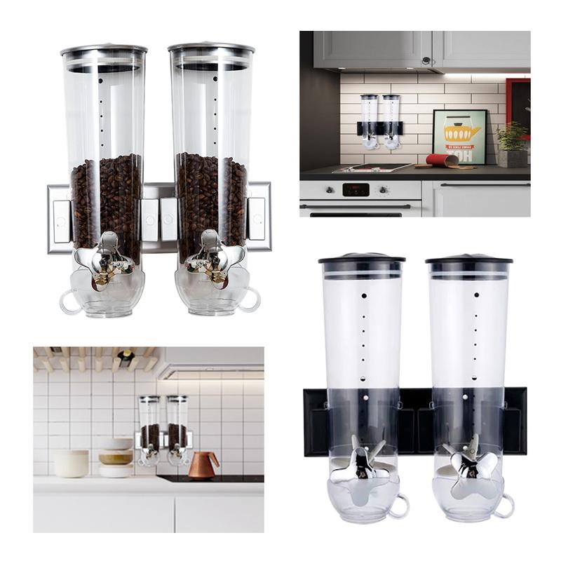 Food Dispenser Wall Mounted Grain Dispenser, Cereal Dispenser with Cup, Dry Food Dispenser Wall Mounted Double Cereal Dispenser