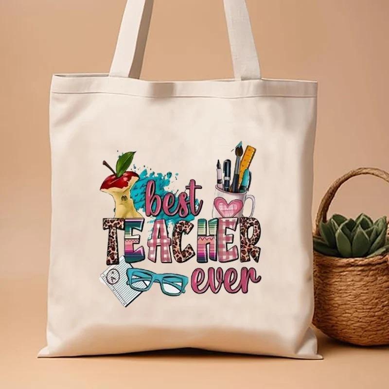 Retro Canvas Tote Bag Inspirational "Teachers Change The World" Large Capacity Handbag for Shopping Travel Women's Shoulder Bag