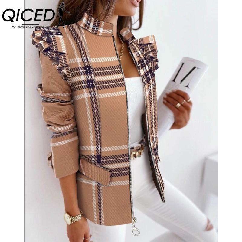 QICED Women's Vintage Casual Lattice Print Autumn Winter Long Sleeve Jackets & Coats