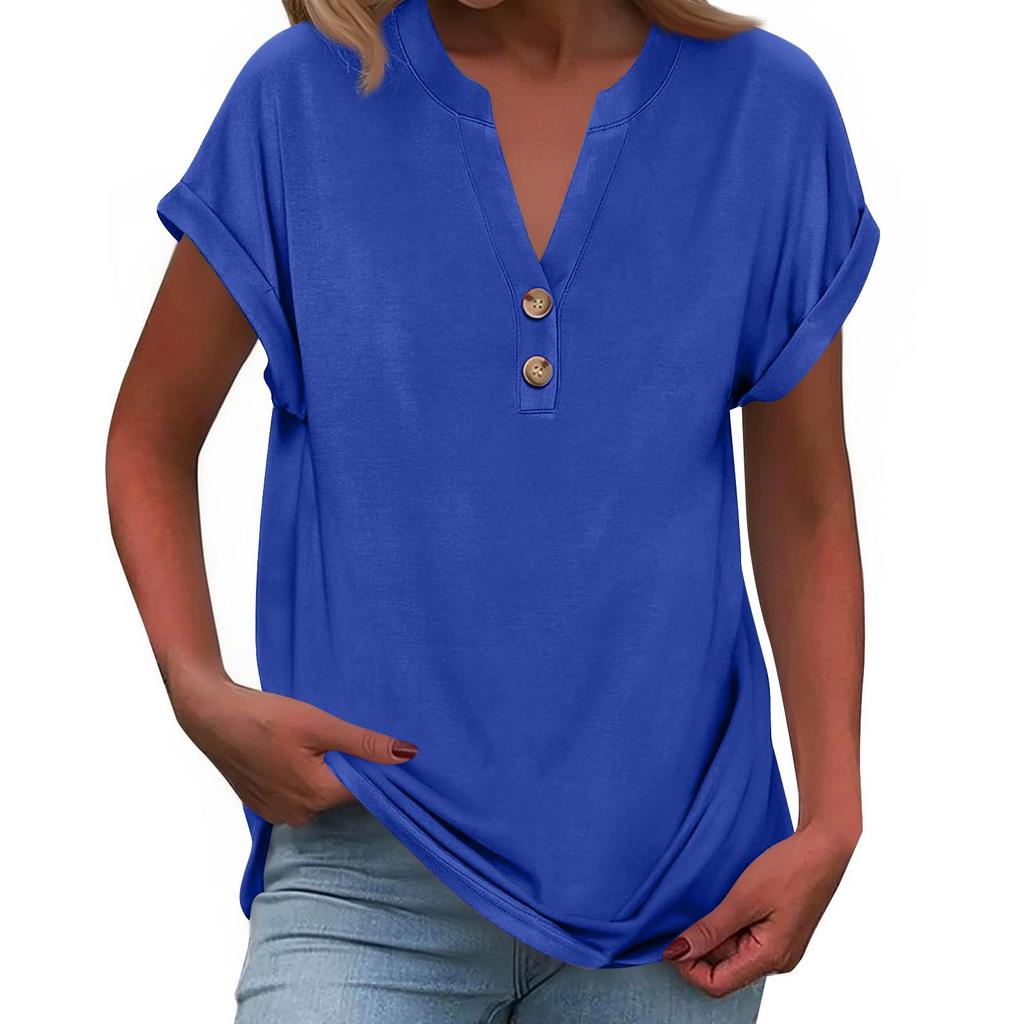 Women's Fashionable Casual Loose-Fit Short-Sleeved Button-Up V-Neck -Colour T-Shirt Top