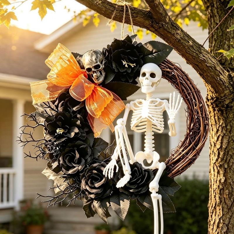 Bone-Themed Halloween Wreath Accent for Wall Presentation and Entryway Styling, Seasonal Piece for Party Scene, Entry Door, and Indoor Display