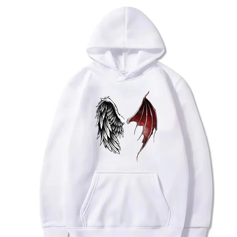 Demon And Angel Wings Print Hoodie Winter Fleece Long Sleeves Sport Jogging Pullover Sweatshirt Clothes