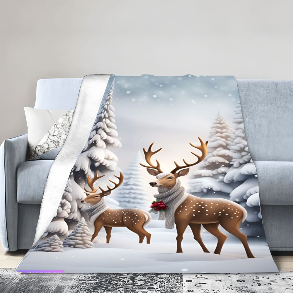 Winter Wonderland Hert Knusse Fleece Deken - Zacht Sneeuwachtig Bosontwerp met Schattige Bruine Herten met Grijze Sjaals - Perfect vo