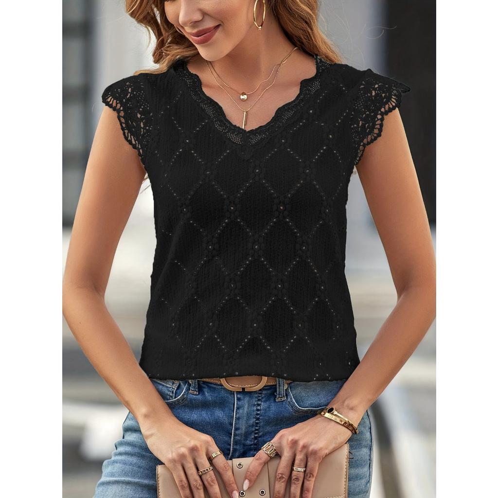 Summer New Lace Splicing, Women's Fashion Thin Section V-neck Pullover Shirt Tops Outside