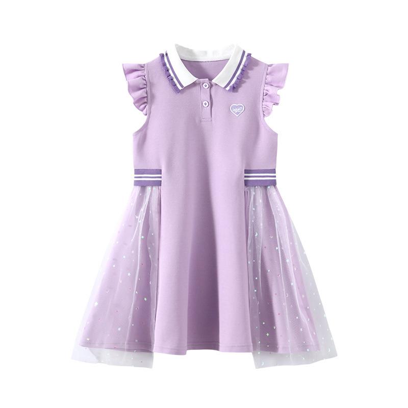 Mädchen Mode Prinzessinnenkleid 2025 Sommer Kinder Prinzessin Mesh Patchwork Polo Kragen Kleid